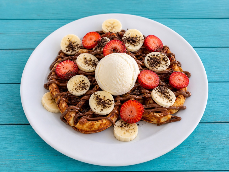 Breakfast plate with waffle, fruit, chocolate and ice cream