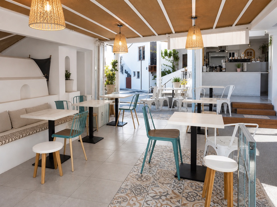 Bright compact cafe interior with turquoise and white seating